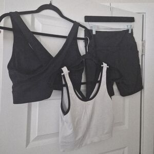3 Piece Fabletics Black & White Active Sports bra, Ctop Top, and Shorts Set